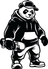 A cool panda in streetwear holds a skateboard, ready to ride.