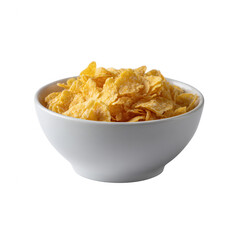 A bowl of crispy corn flakes against a white isolated background, perfect for breakfast or snacking.