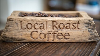 Cultural local coffee concept. Wooden container with the inscription "Local Roast Coffee" filled with coffee beans on a wooden surface.