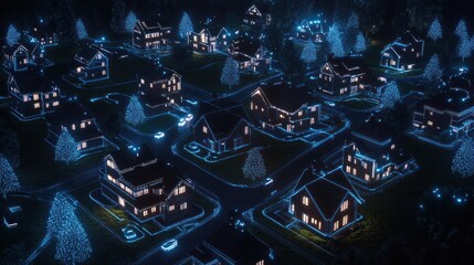 Suburb residential homes night aerial view with blue light