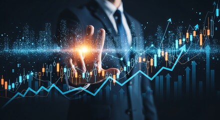 Businessman Interacting with Holographic Cityscape and Rising Stock Market Graphs