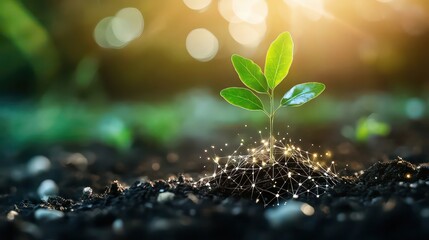 A small plant sprouting from the dark soil with a network of light connecting to the roots
