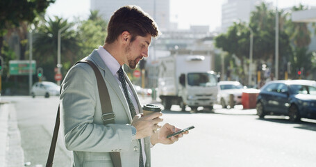 Businessman, phone and texting in city, travel and booking taxi on web for commute to workplace....