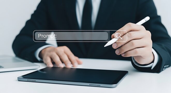 Businessman Using Digital Pen to Search Prompt on Tablet Screen