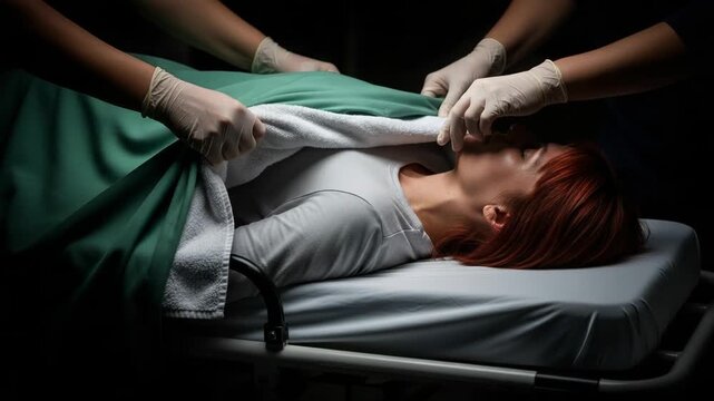 A lifeless corpse is being covered with a sheet in a dark morgue setting