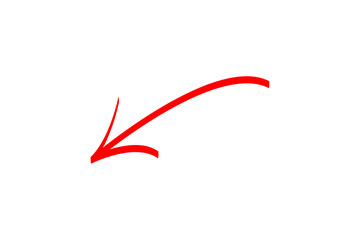 Red hand drawn arrow pointing down and to the left isolated on transparent background