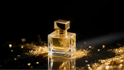 Golden Perfume Bottle on Black Glossy Surface with Sparkles - Premium Product Mockup