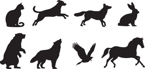 Cat dog fox rabbit bear wolf eagle horse silhouettes