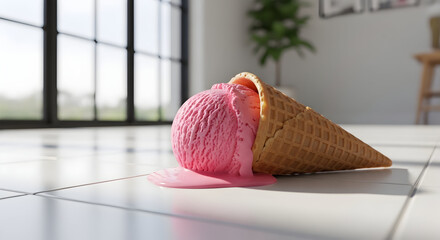 Accidentally Dropped Pink Ice Cream Scoop Melting on a Tiled Floor in a Bright Room