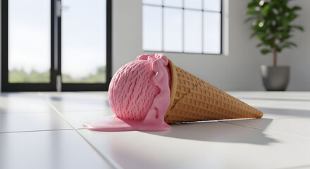 Melting Pink Ice Cream Scoop and Waffle Cone on the Floor