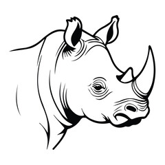 Fototapeta premium Black and white illustration of a rhinoceros head, detailed and stylized. A profile view of the rhinoceros head, showcasing its distinctive features.