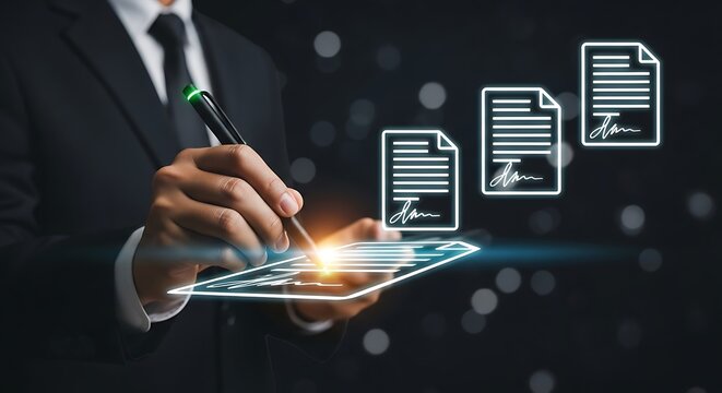 Digital Signature: Businessman signs documents with glowing pen on virtual interface