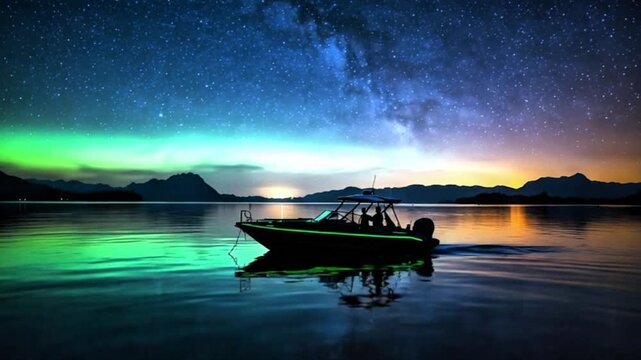 A boat with two people on it, sailing on a calm body of water during the night. The sky is illuminated with a vibrant display of the Aurora Borealis, and the reflection of the boat and the surrounding