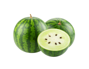 Two whole striped watermelons and one half with unusual pale green flesh and seeds.