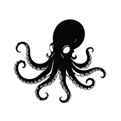 Black and white silhouette of an octopus with detailed tentacles. Simple, bold design against a plain white background.