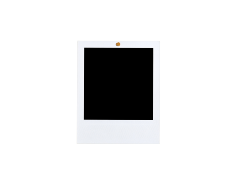 Vertical blank polaroid frame with a textured white border and a small golden tack.