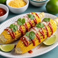 Delicious grilled Mexican street corn Elote with cheese, chili sauce, and cilantro