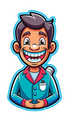 Cartoon depiction of a young person. likely a teenager. wearing a light teal colored coat or uniform. with a red collar.