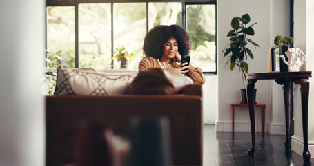 Relax, woman and scroll with phone on sofa for reading blog, streaming subscription or social...