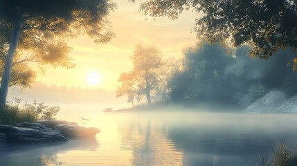 Foggy sunrise over a lake with a calm and peaceful atmosphere
