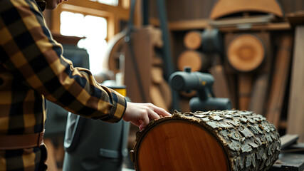 Fototapeta premium A person is touching a piece of wood in a workshop. The workshop is filled with various tools and materials, including a saw and a pile of wood. The person appears to be examining the wood closely