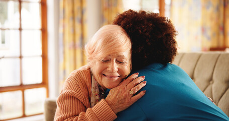 Senior woman, hug and sofa with nurse for thank you, assisted living or trust in retirement home....
