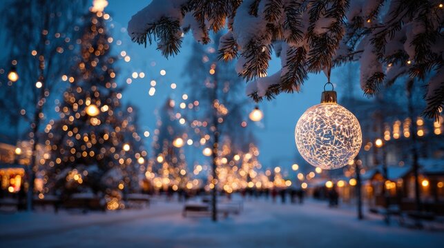 A snowy outdoor scene with a glowing Christmas ornament hanging from a tree, surrounded by festive lights and a blurred winter market background.