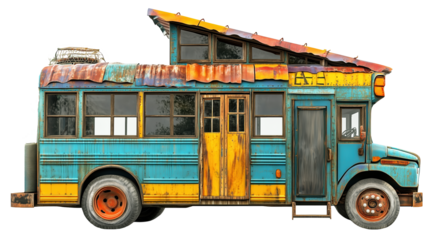 Colorful, converted school bus with rustic, artistic design features slanted roof and vibrant paintwork, showcasing creativity and resourcefulness., isolated