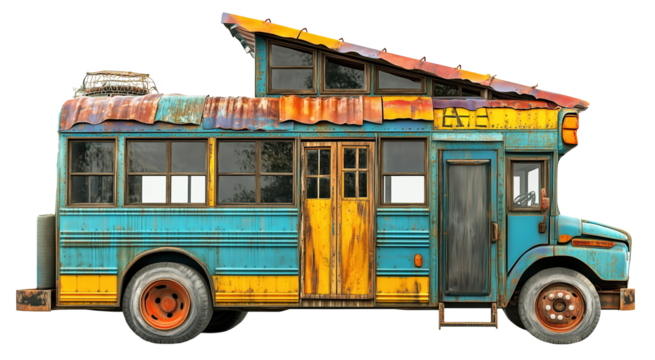 Colorful, converted school bus with rustic, artistic design features slanted roof and vibrant paintwork, showcasing creativity and resourcefulness., isolated
