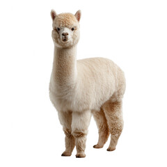 Obraz premium A fluffy white alpaca standing proudly against a white isolated background, showcasing its soft fur and gentle demeanor.