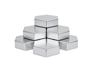 A geometric pyramid of six brushed silver hexagonal metal tins with lids.