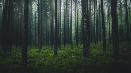 Mysterious foggy forest landscape