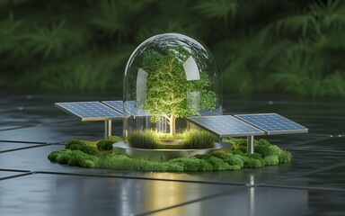 A small tree inside a glass dome surrounded by solar panels and moss on a dark reflective surface eco concept