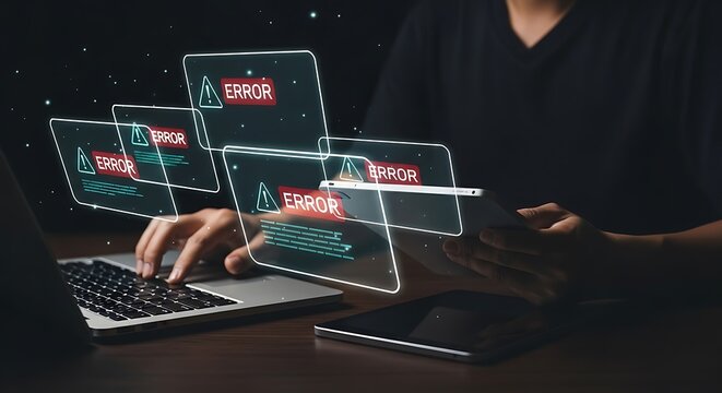 Person Facing Computer Error Messages in Dark Room - Powered by Adobe