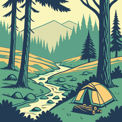 Serene Vintage Camping Scene: Mountain River, Forest, Tent, and Firewood