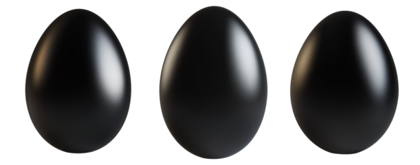 Glossy black egg with smooth reflective surface isolated on white transparent background. Symbol of mystery, luxury, and uniqueness