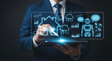 Real estate technology: Man using tablet with house icons and robot assistant