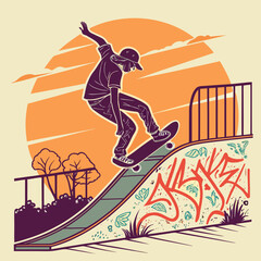Naklejka premium Retro Style Skateboarder Silhouette: Sunset Ramp Graffiti Art Graphic Design