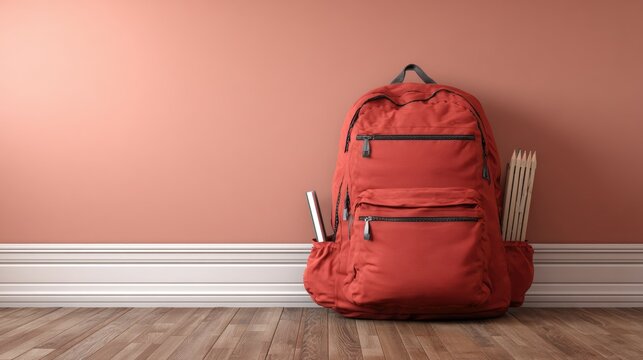 Red backpack with school supplies against a peach-colored wall and wooden floor, symbolizing education and back-to-school themes.