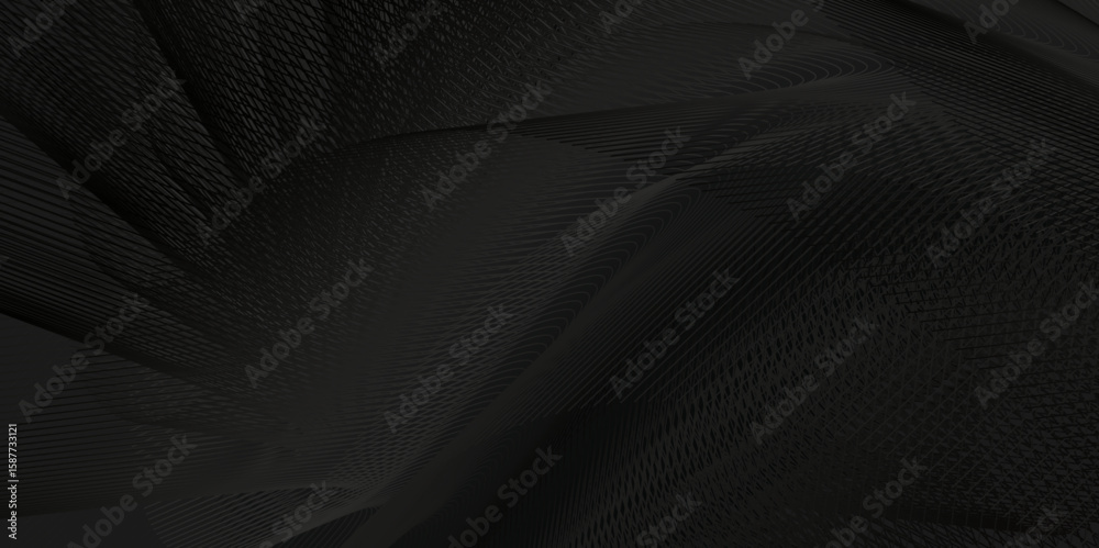Poster A grid-like pattern adding complexity., The dark background enhances the bold, wave-like patterns in varying shades of dark gray and black.