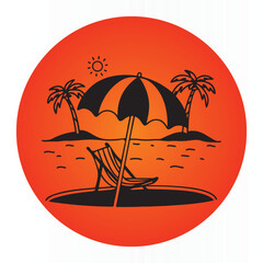 summer vector illustration sea beach palm trees, chair and beach umbrella summer vintage t shirt design ,mug design, poster design	