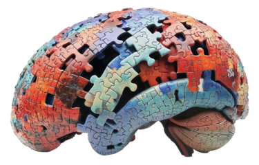 Colorful anatomical brain constructed from interlocking puzzle pieces, symbolizing complexity and creativity., isolated
