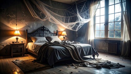 A dimly lit bedroom with a dramatic ambiance