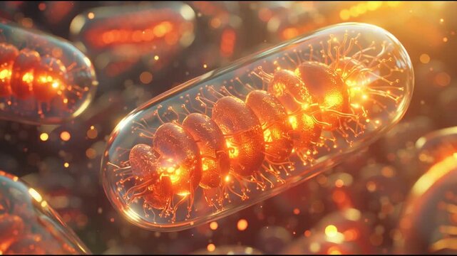 "ミトコンドリアの輝き：細胞の生命力を讃える暖かな色調のエネルギー生成"