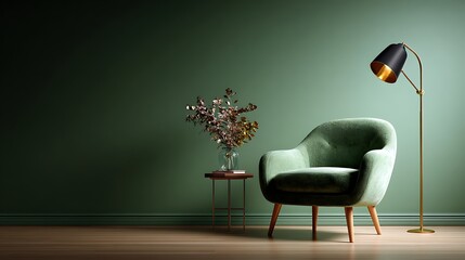 Vintage interior with modern armchair minimal living room cozy home decor green wall background