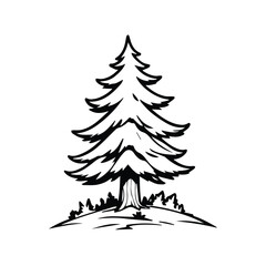 Obraz premium Pine tree illustration in a simple, graphic style. Standing alone on a hilltop, the tree's distinct shape and foliage are highlighted.