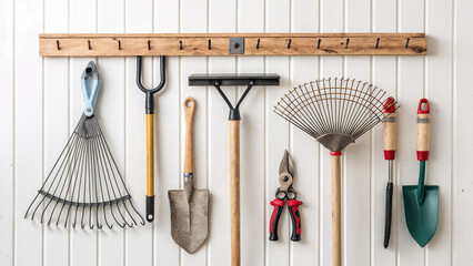 shows a collection of gardening tools hanging on a wooden rack against a white wall with vertical stripes. The tools include rakes, shovels, a trowel, and a pair of pruners.
