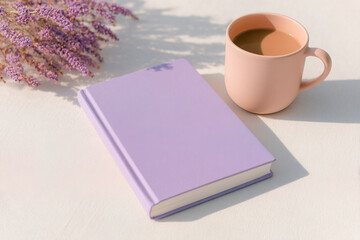 Fototapeta premium Tranquil morning with a lavender notebook and coffee beside blooming flowers