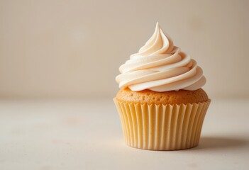Vanilla Cupcake with Swirled Frosting on Soft Pink Background,  Vanilla cupcake with frosting