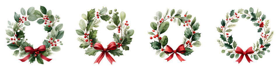 Fototapeta premium Watercolor Christmas Wreath Collection with Red Bow